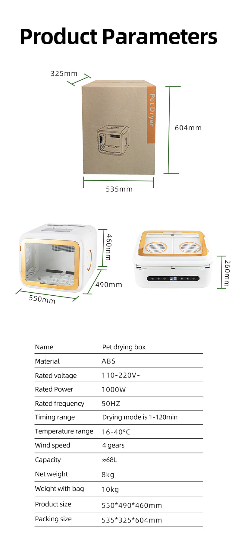 A9 Foldable Pet Dryer Box — 68L Large Capacity with Ozone Sterilization & Cat Stroking Window