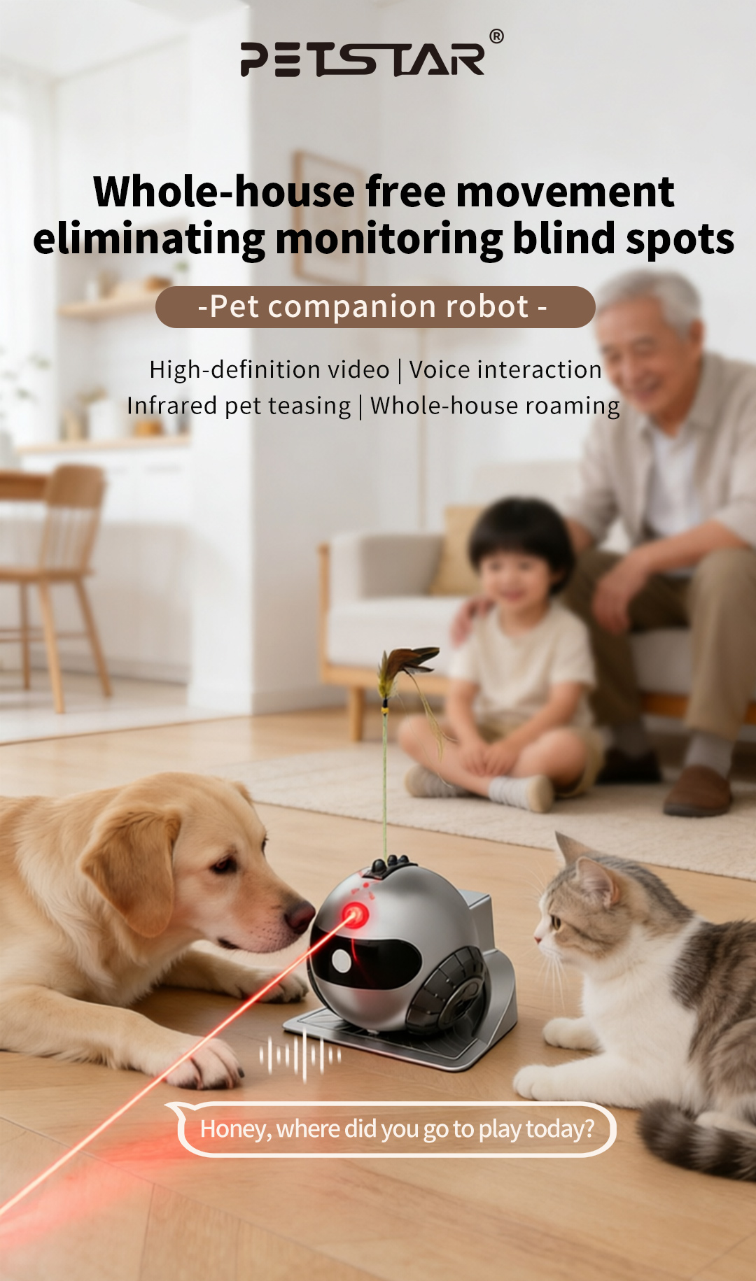 Smart Pet Companion Robot – HD Camera for Real-Time Viewing, Two-Way Voice, Interactive Wand Toy & Red Laser, Auto Obstacle Avoidance & Auto Recharge