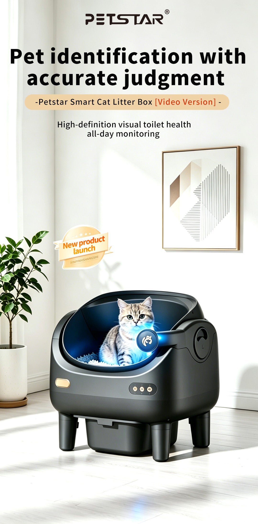 Camera Open Cat Litter Box, App Remote Control Self-Cleaning Litter Box with Gravity Sensor, Microwave Radar & Silver Ion Inner Wall