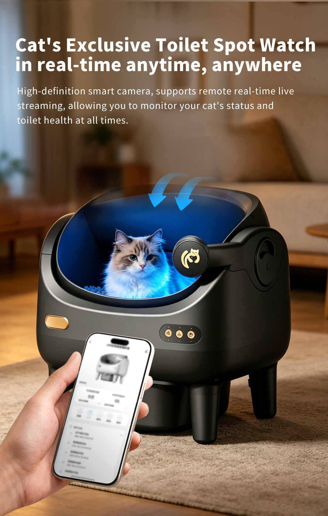 Camera Open Cat Litter Box, App Remote Control Self-Cleaning Litter Box with Gravity Sensor, Microwave Radar & Silver Ion Inner Wall