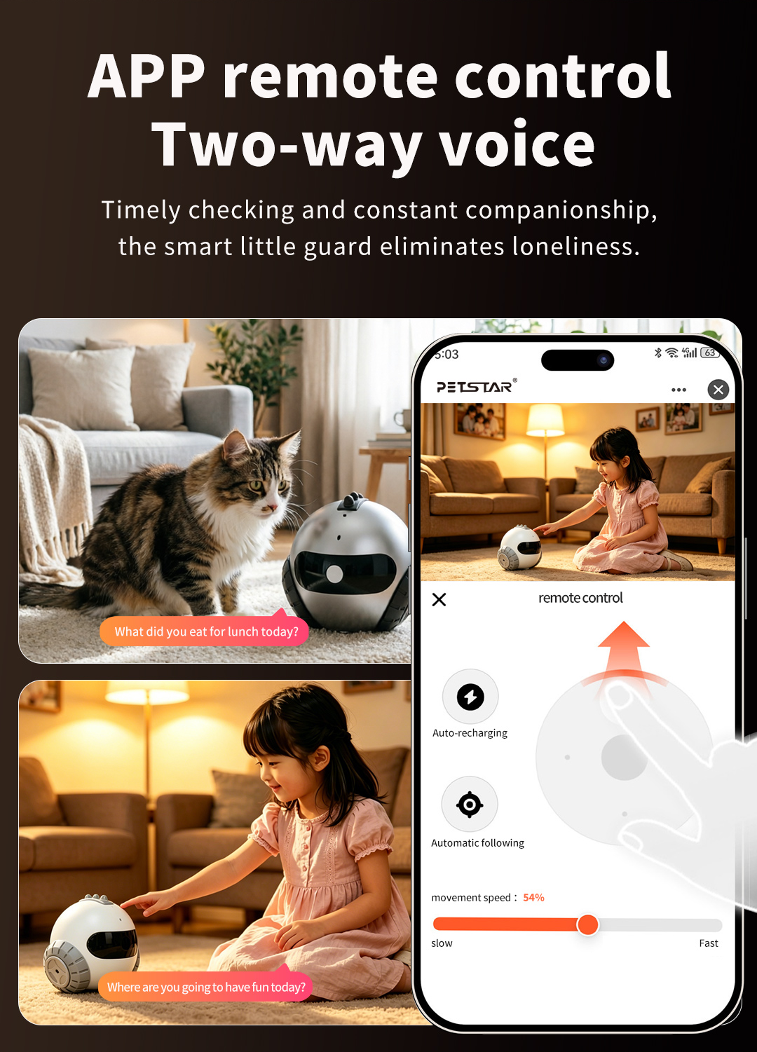 Smart Pet Companion Robot – HD Camera for Real-Time Viewing, Two-Way Voice, Interactive Wand Toy & Red Laser, Auto Obstacle Avoidance & Auto Recharge