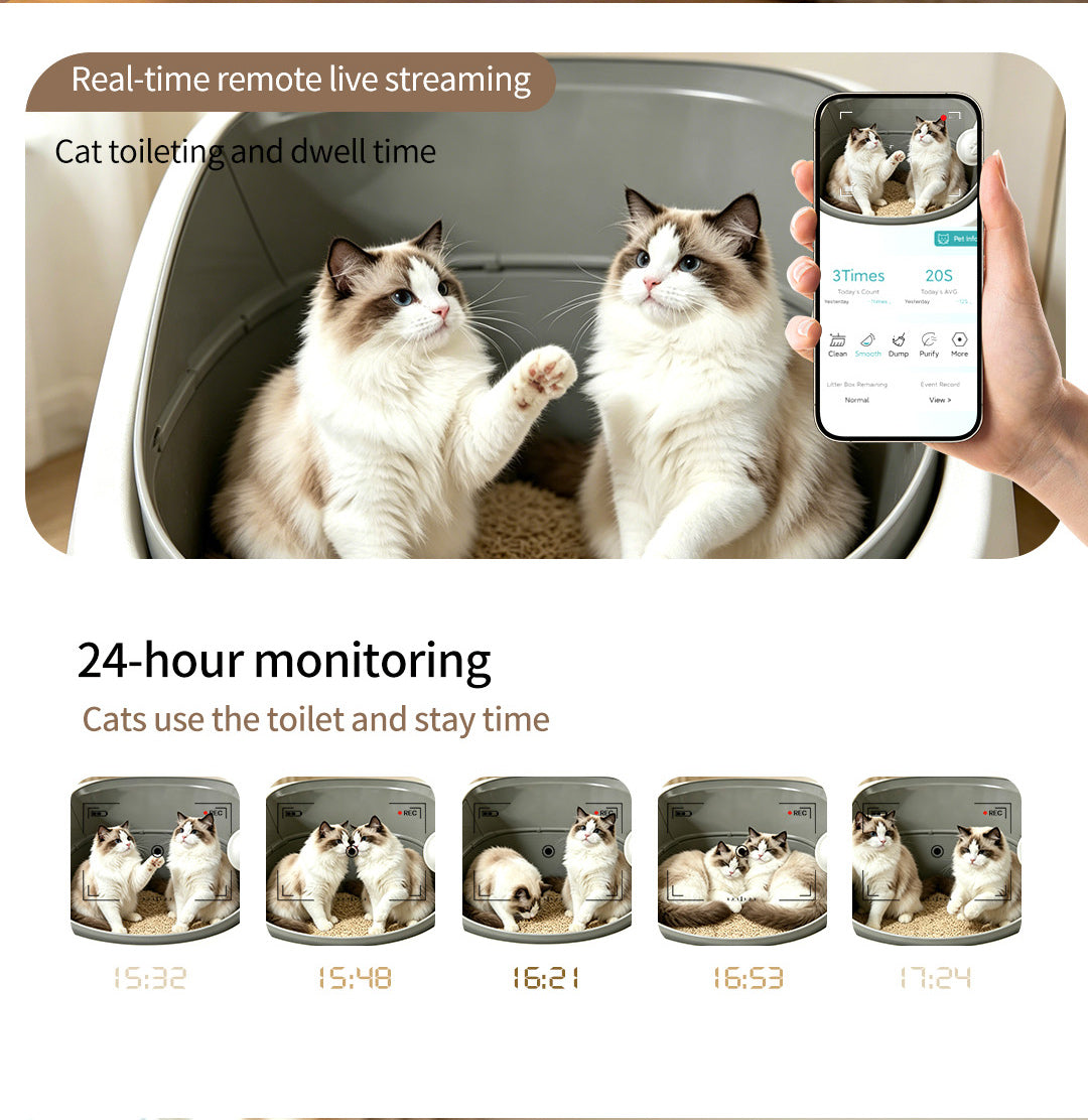 Camera Open Cat Litter Box, App Remote Control Self-Cleaning Litter Box with Gravity Sensor, Microwave Radar & Silver Ion Inner Wall