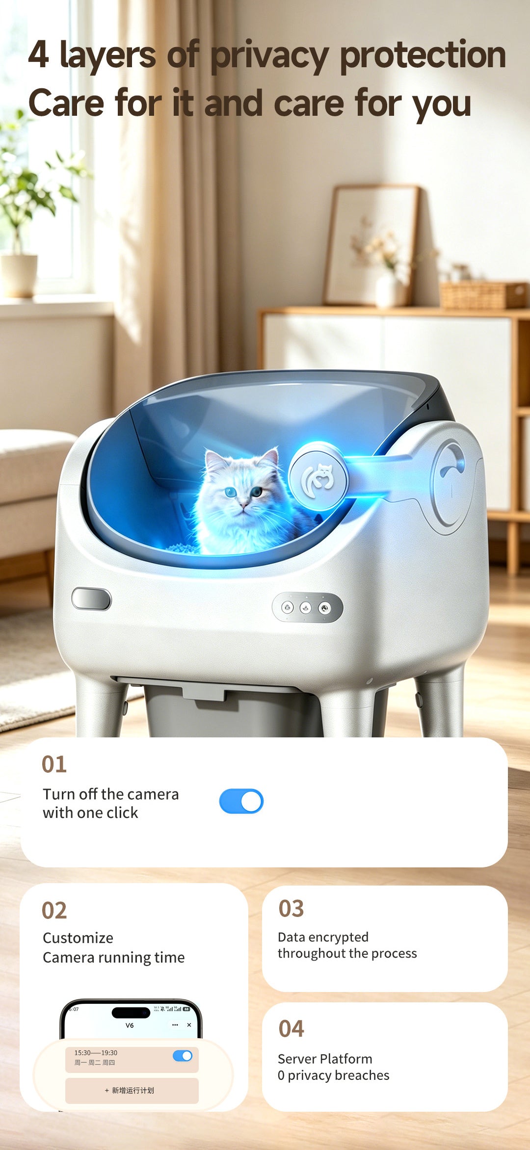 Camera Open Cat Litter Box, App Remote Control Self-Cleaning Litter Box with Gravity Sensor, Microwave Radar & Silver Ion Inner Wall