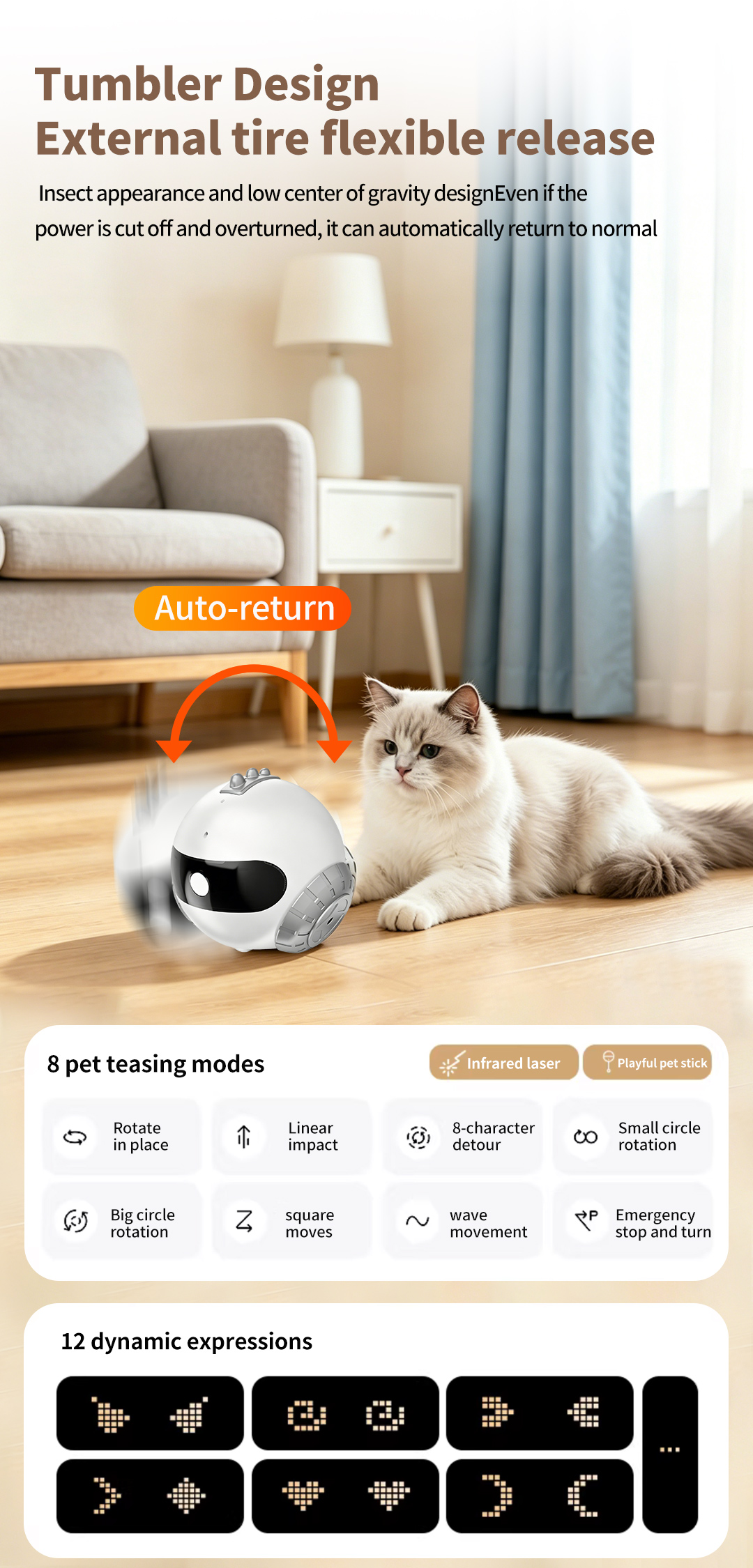 Smart Pet Companion Robot – HD Camera for Real-Time Viewing, Two-Way Voice, Interactive Wand Toy & Red Laser, Auto Obstacle Avoidance & Auto Recharge