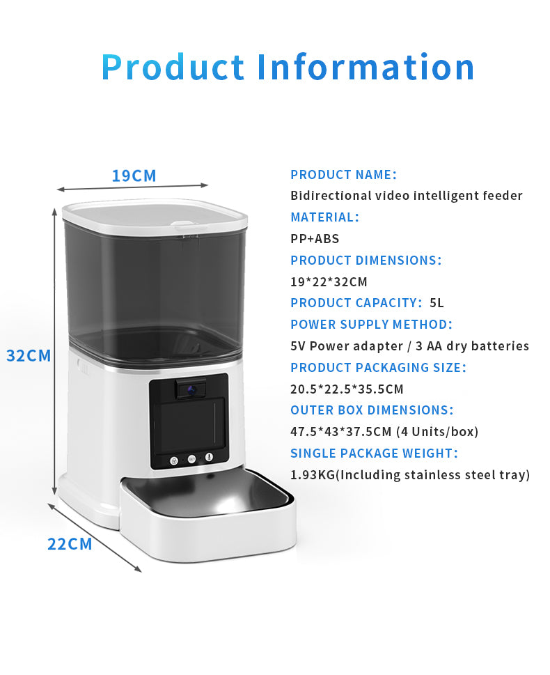 Petstarlet FX-01 Smart Pet Feeder with Interactive Display & Remote Camera — Auto Dispensing, Dual Power, 5L Capacity
