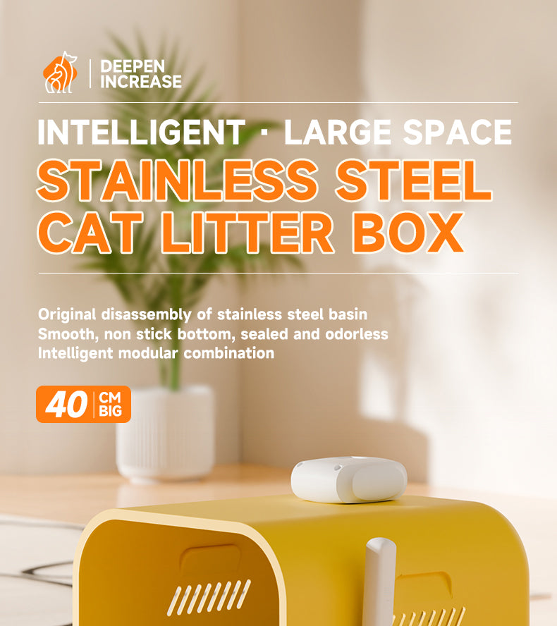 S1 Smart Stainless Steel Litter Box – Semi-Enclosed, Easy-Clean Removable Pan, Splash Guard, Optional Electric Scoop & Deodorizing Spray, Ideal for Smart Cat Homes