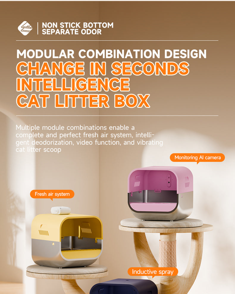 S1 Smart Stainless Steel Litter Box – Semi-Enclosed, Easy-Clean Removable Pan, Splash Guard, Optional Electric Scoop & Deodorizing Spray, Ideal for Smart Cat Homes
