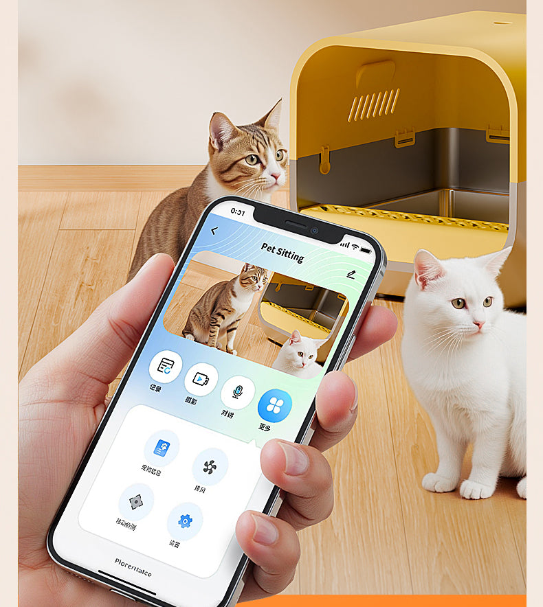 S1 Smart Stainless Steel Litter Box – Semi-Enclosed, Easy-Clean Removable Pan, Splash Guard, Optional Electric Scoop & Deodorizing Spray, Ideal for Smart Cat Homes