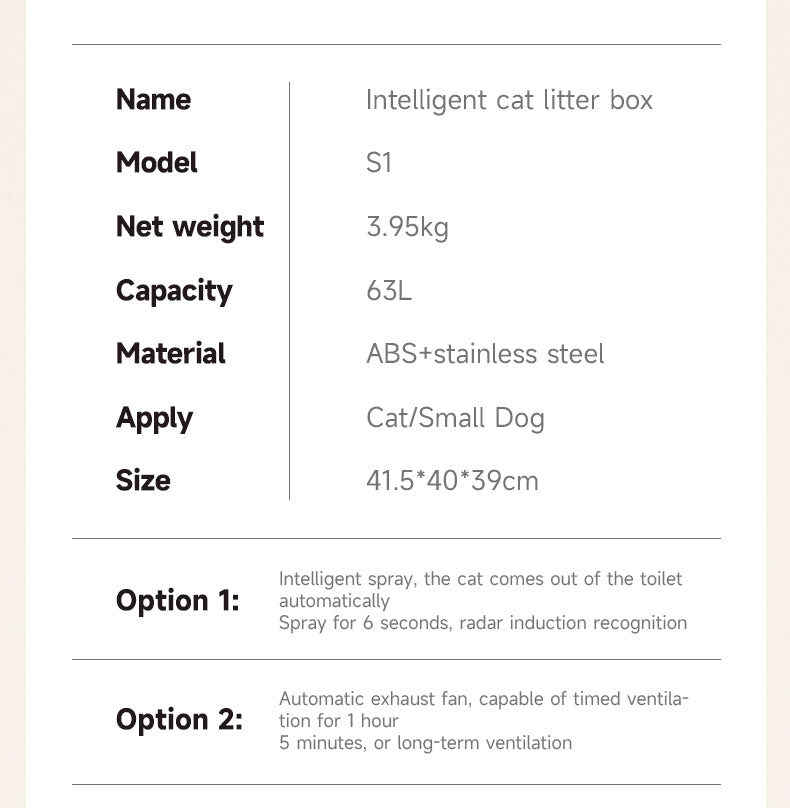 S1 Smart Stainless Steel Litter Box – Semi-Enclosed, Easy-Clean Removable Pan, Splash Guard, Optional Electric Scoop & Deodorizing Spray, Ideal for Smart Cat Homes