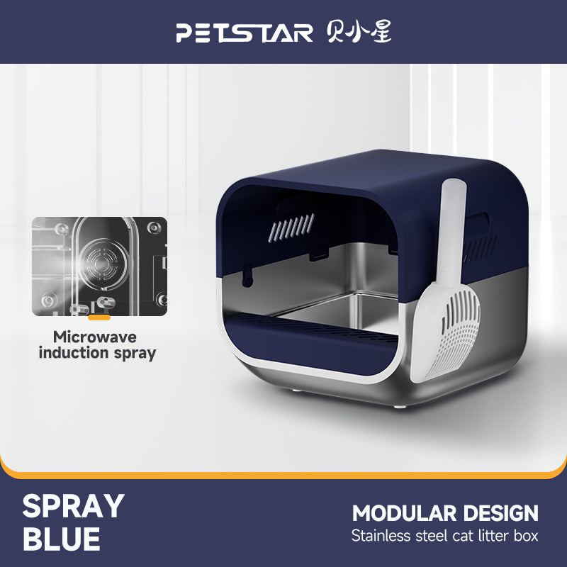 S1 Smart Stainless Steel Litter Box – Semi-Enclosed, Easy-Clean Removable Pan, Splash Guard, Optional Electric Scoop & Deodorizing Spray, Ideal for Smart Cat Homes