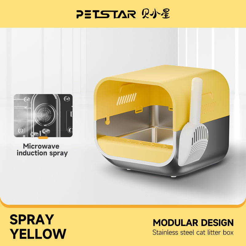 S1 Smart Stainless Steel Litter Box – Semi-Enclosed, Easy-Clean Removable Pan, Splash Guard, Optional Electric Scoop & Deodorizing Spray, Ideal for Smart Cat Homes