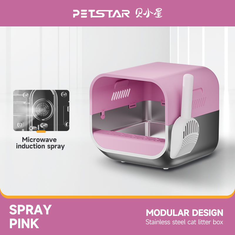 S1 Smart Stainless Steel Litter Box – Semi-Enclosed, Easy-Clean Removable Pan, Splash Guard, Optional Electric Scoop & Deodorizing Spray, Ideal for Smart Cat Homes