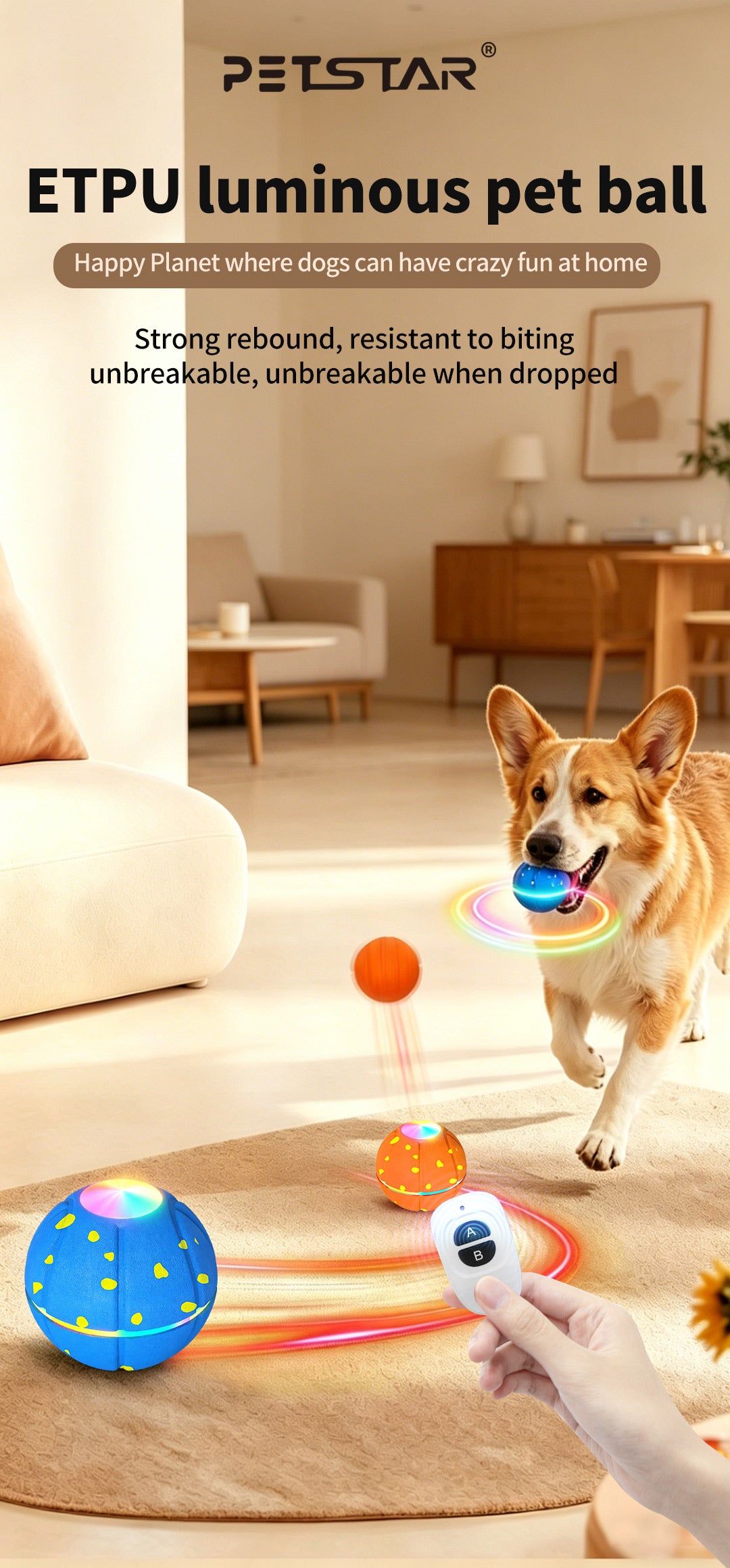 3 Vibration Modes + Flashing LED — Upgraded Smart Puppy Toy Boucing dog ball
