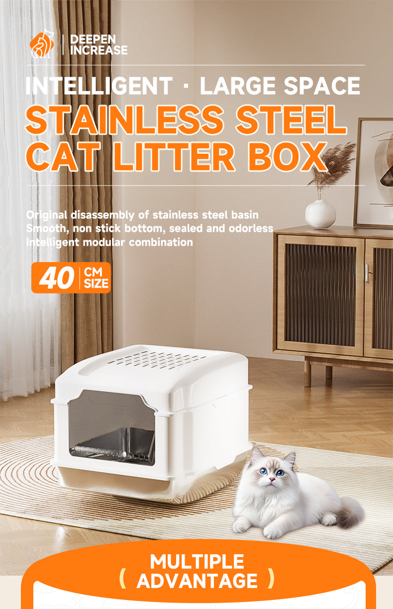 Stainless Steel Cat Litter Box S5 – Non-Stick, Easy Cleaning, Odor-Blocking Enclosed Design