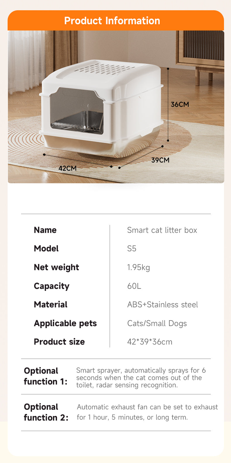 Stainless Steel Cat Litter Box S5 – Non-Stick, Easy Cleaning, Odor-Blocking Enclosed Design