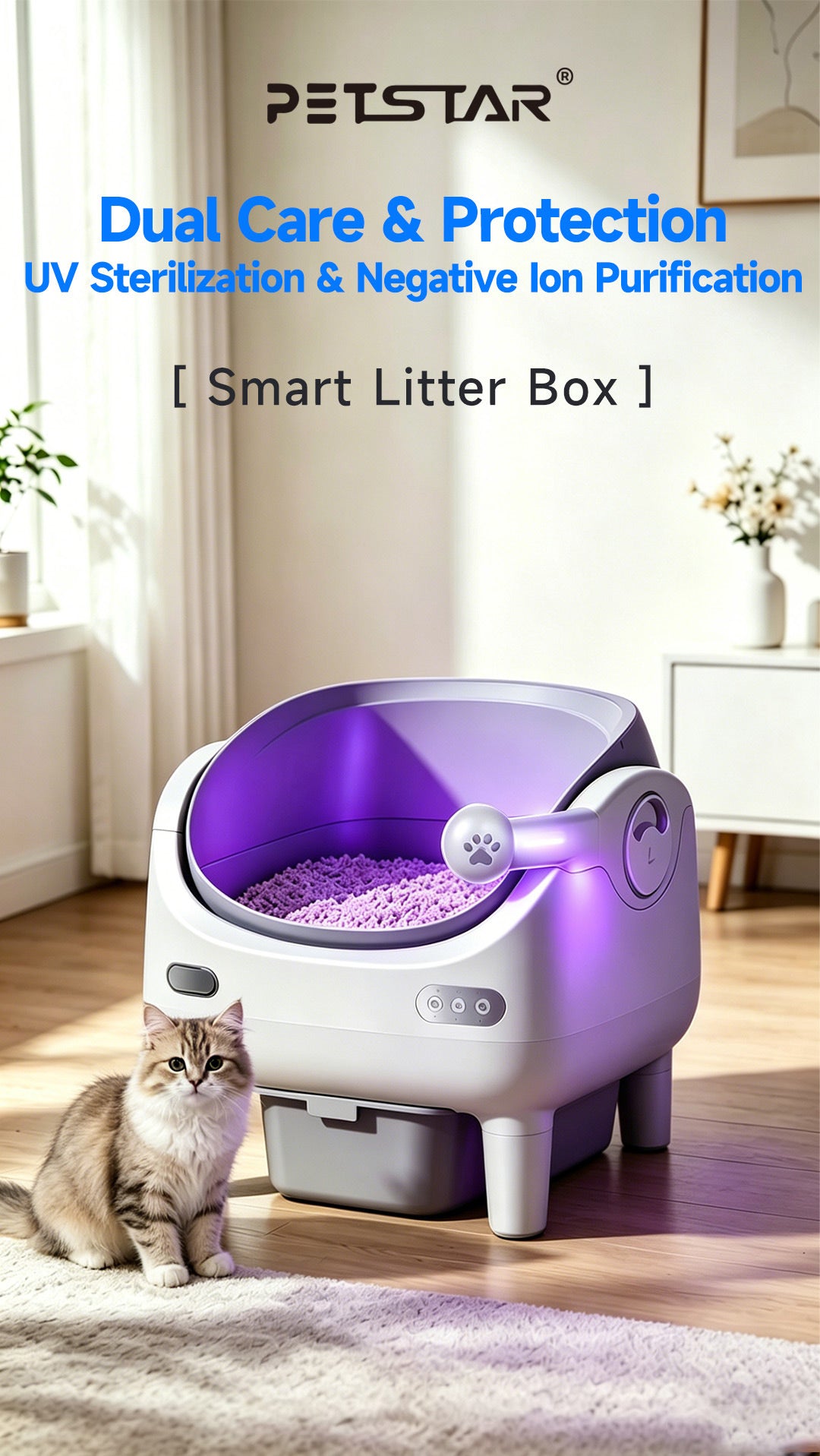 V8 open top Self-Cleaning Litter Box: Auto Rake, One-Click Empty, UV Light & Odor Control