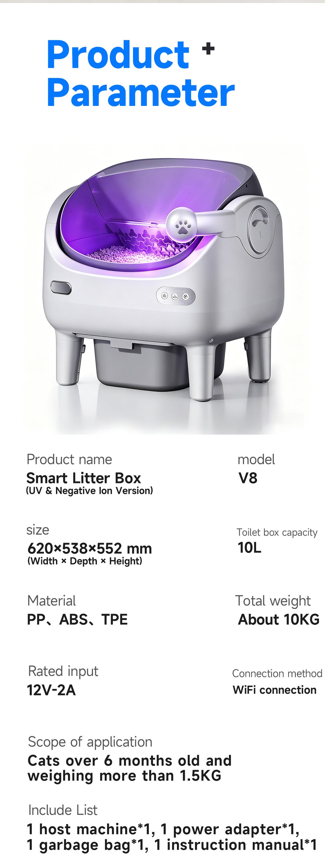 V8 open top Self-Cleaning Litter Box: Auto Rake, One-Click Empty, UV Light & Odor Control